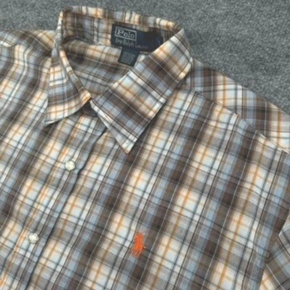 Polo Ralph Lauren Shirt Large Plaid S/S Snap Button Down Cotton Brown Blue L